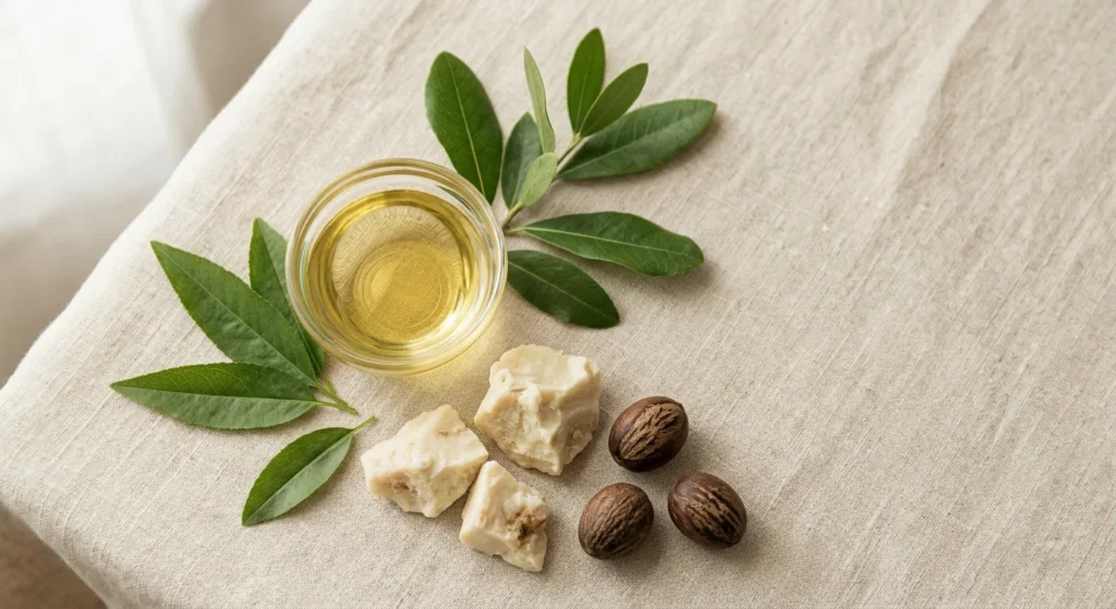 Hojas verdes, aceite vegetal y manteca de karité sobre superficie de lino crema