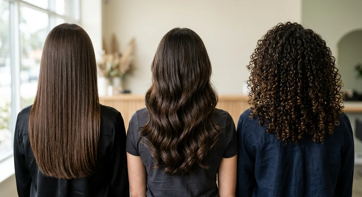 Tres texturas de cabello liso, ondulado y rizado definidas y sin encrespamiento